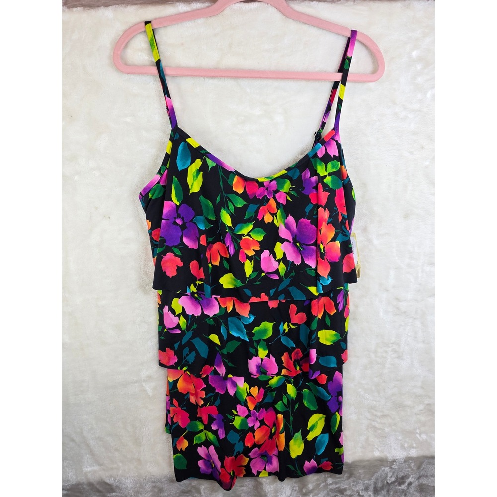 Jamaica Bay Women 18W Floral Tiered Ruffle Tankini Swim Top Black Pink 1860670W